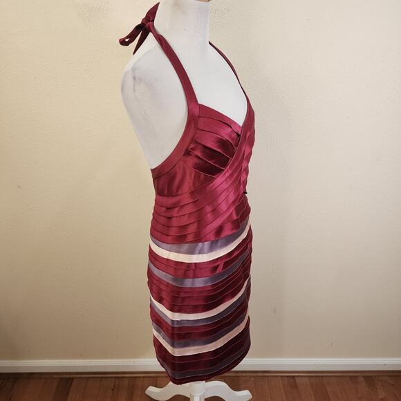 BCBG MAXAZRIA SATIN RUFFLE LAYERED HALTER DRESS SIZE 4 BURGUNDY GRAY BODYCON - Picture 3 of 13